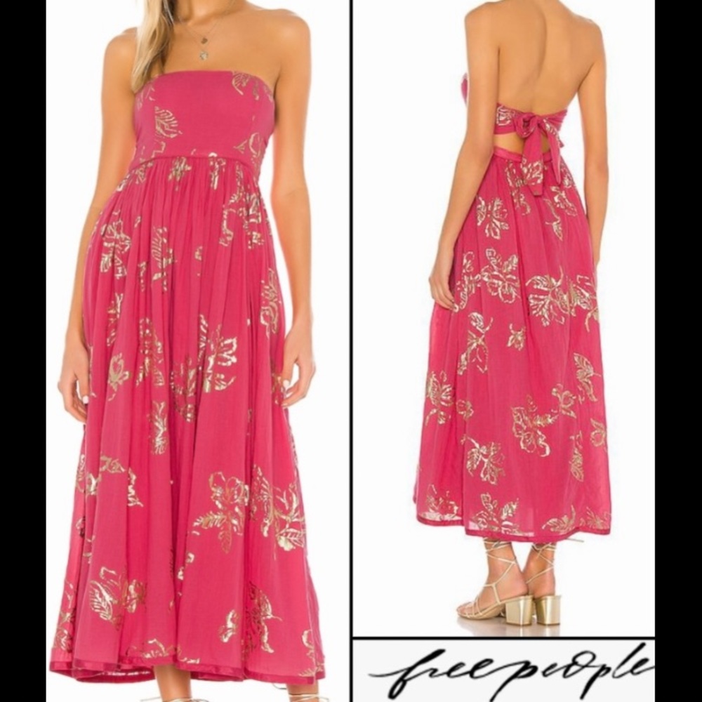 Free People Baja Babe Bandeau Midi Maxi Dress Metallic Floral Strapless Boho